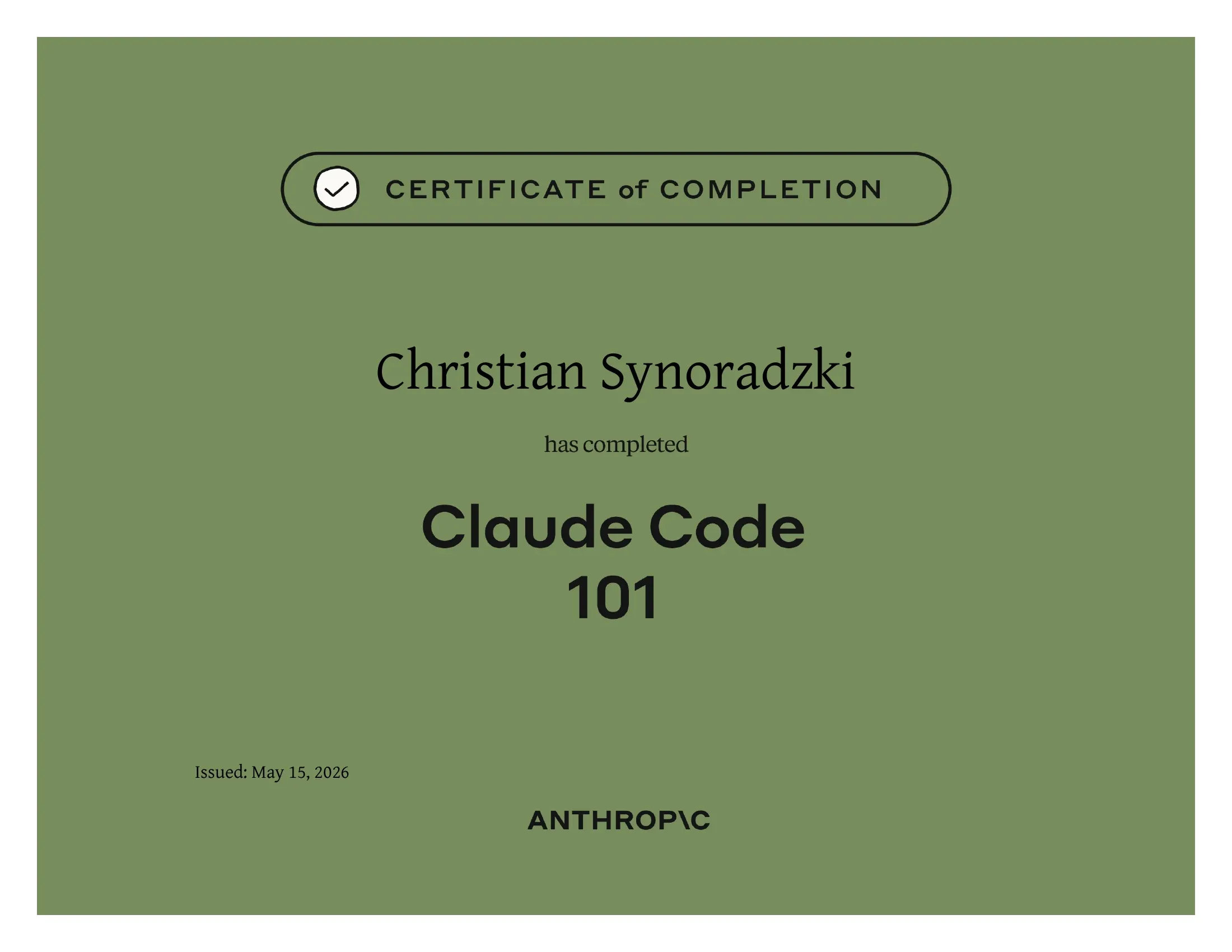 Zertifikat Claude Code 101 von Anthropic, ausgestellt am 15. Mai 2026