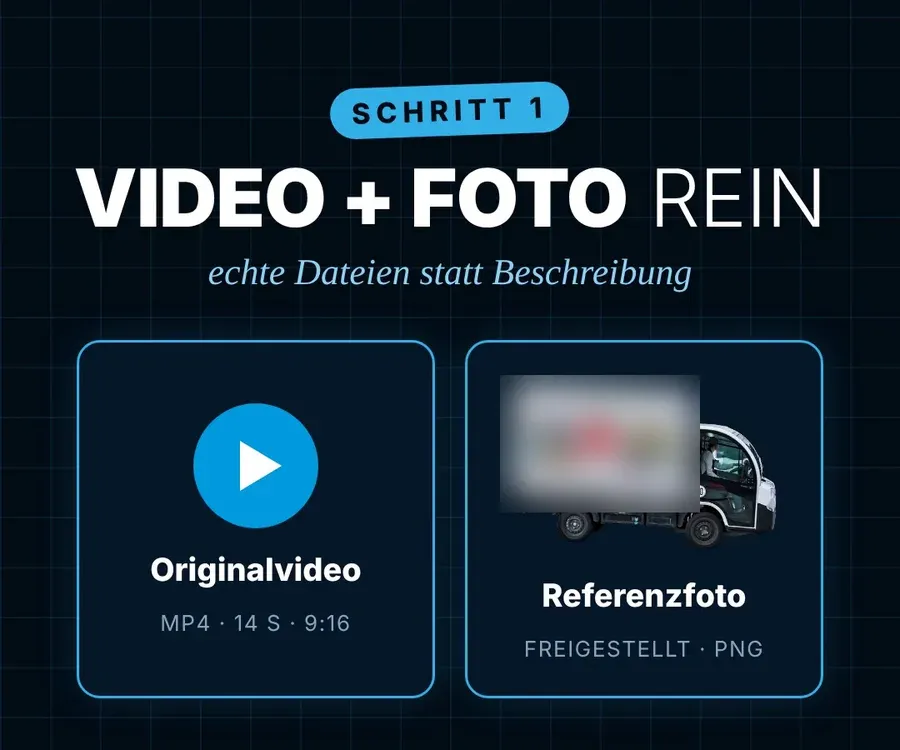 Schritt 1: links das Ausgangsvideo als MP4-Datei, rechts das freigestellte Referenzfoto des neuen Fahrzeugs